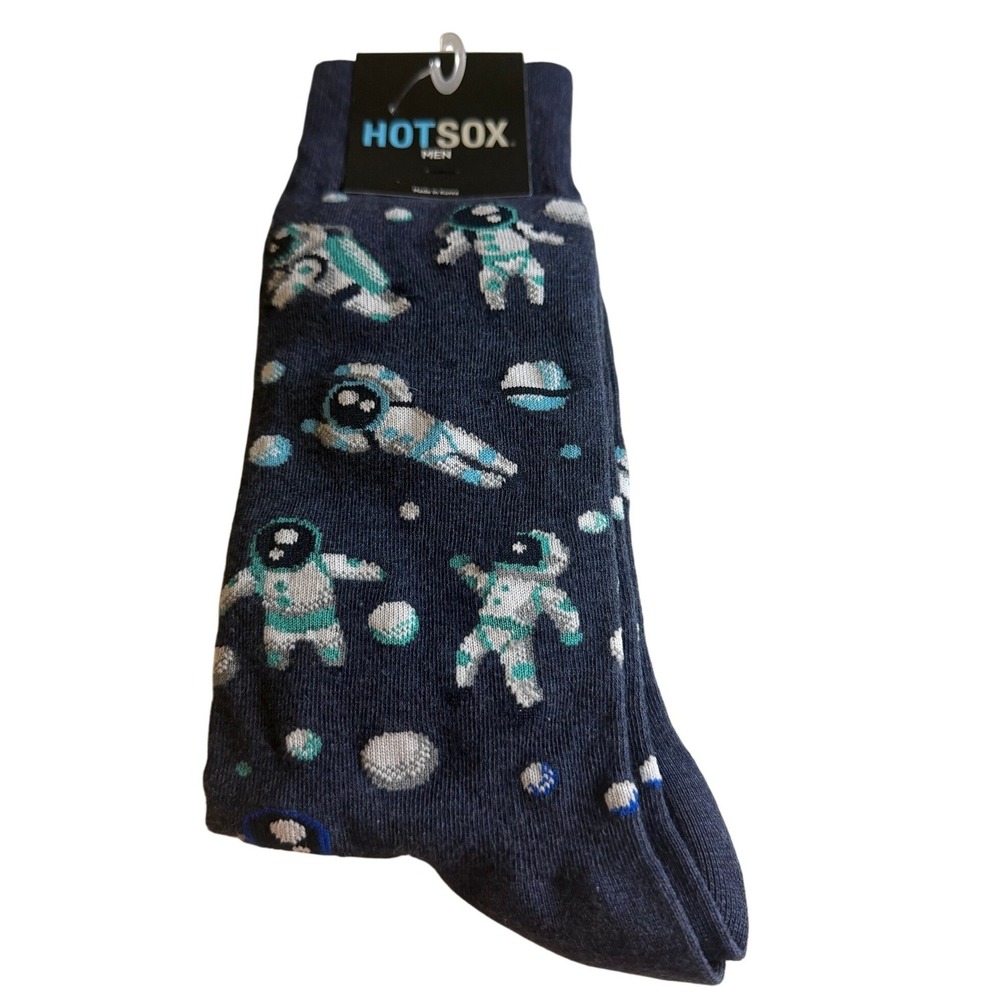 Astronaut Space Galaxy Hot Sox Mens  Navy Blue Novelty Crew Socks - Picture 2 of 3